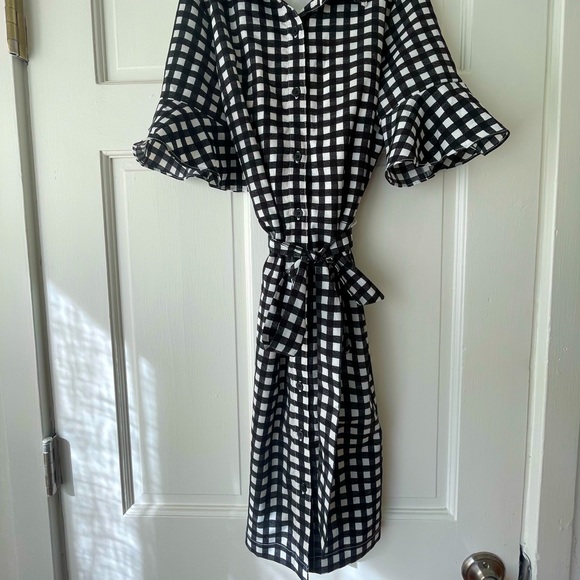 Banana Republic ruffle sleeve dress blk/white gingham checkered pockets! SZ2P - Picture 1 of 6